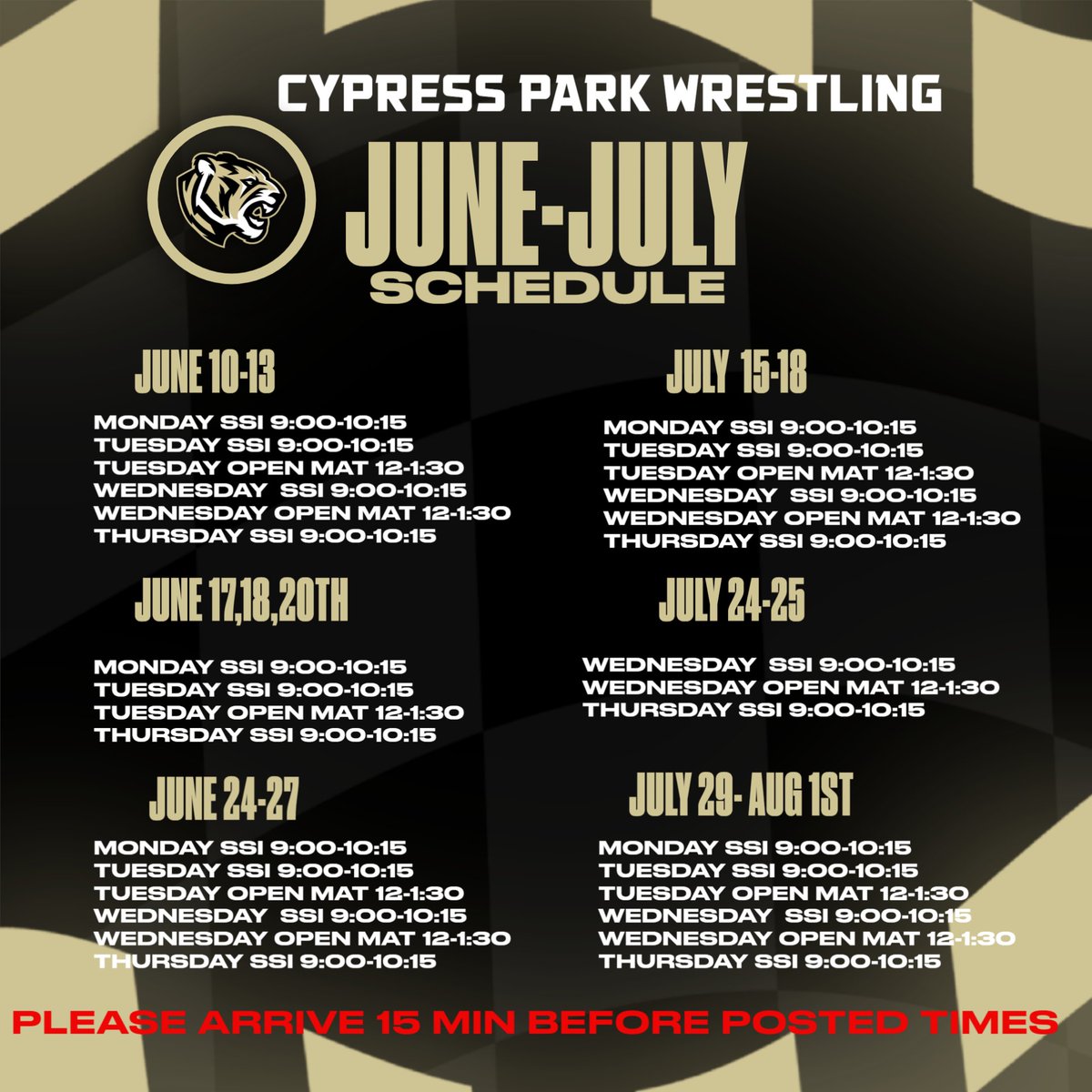 Here is the 2024 summer wrestling schedule. All practices will be held in Cypress Park's Lego gym.  (Enter through door 4)