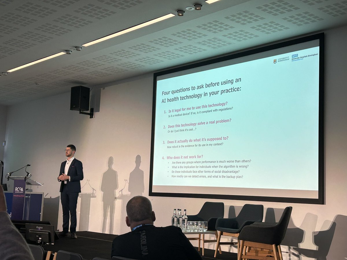 Some interesting questions to ask when faced with using AI health technology from <a href="/jaldmn/">Joe Alderman</a> #anaesthesia2024