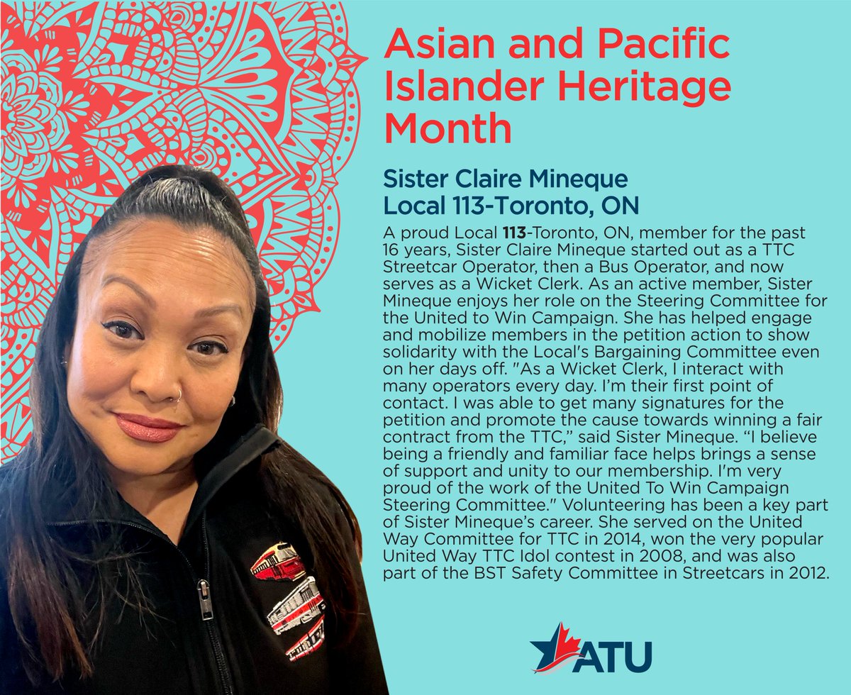 We continue our celebration of Asian and Pacific Islander Heritage Month by recognizing Local 113-Toronto, ON, Sister Claire Mineque #APIMonth #canlab
