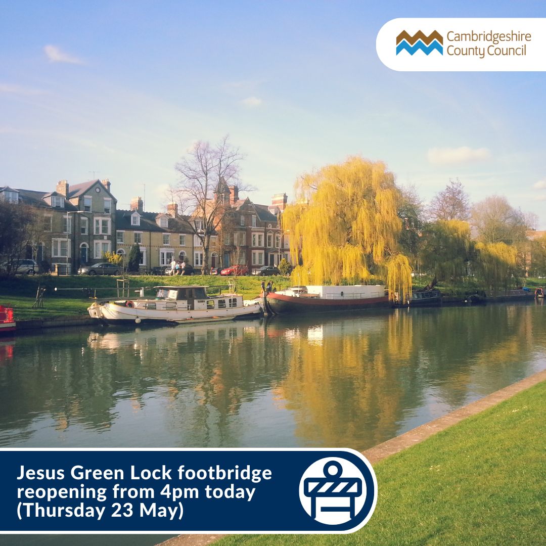 We're reopening Jesus Green Lock footbridge from 4pm today (Thursday 23 May), following a structural inspection by our engineers. Baits Bite Lock footbridge will remain temporarily closed. Read more: ow.ly/4Qrn50RSCJ9
