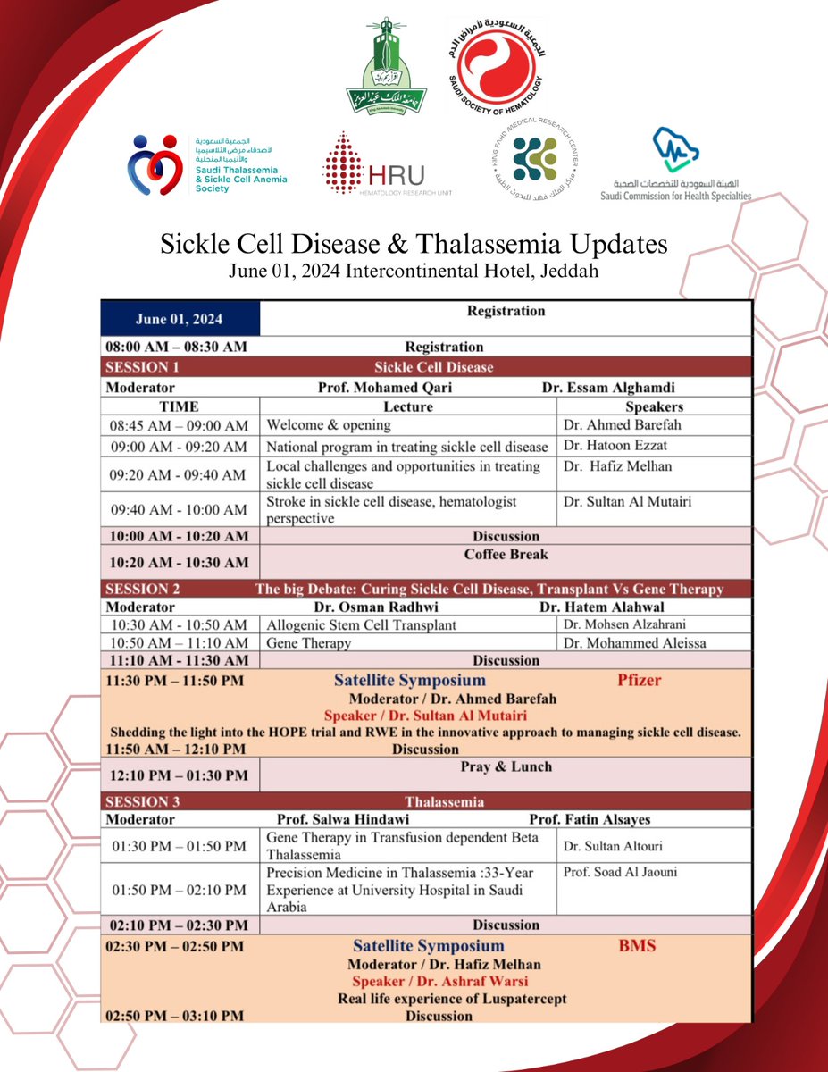 🩺 We invite you to our upcoming scientific meeting focused on sickle cell disease and thalassemia updates.

📅 Date: Saturday, June 1st, 2024 
📍 Venue: Intercontinental Hotel, Jeddah, Saudi Arabia

👉 Register now: bit.ly/3OCIHkg

#SickleCell #Thalassemia #Hematology