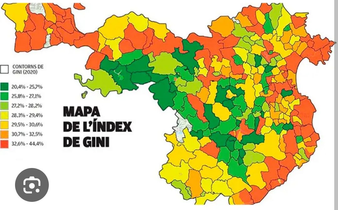 Mapa de índex Gini (desigualtat)de comarques gironines. El turisme de masses aporta riquesa??? No, sobretot desigualtat.
Un detall: La taca verd fosc que hi ha més a prop de la costa és Viladamat (vam prohibir donar cap més llicència d'habitatge turístic fa 6 anys)