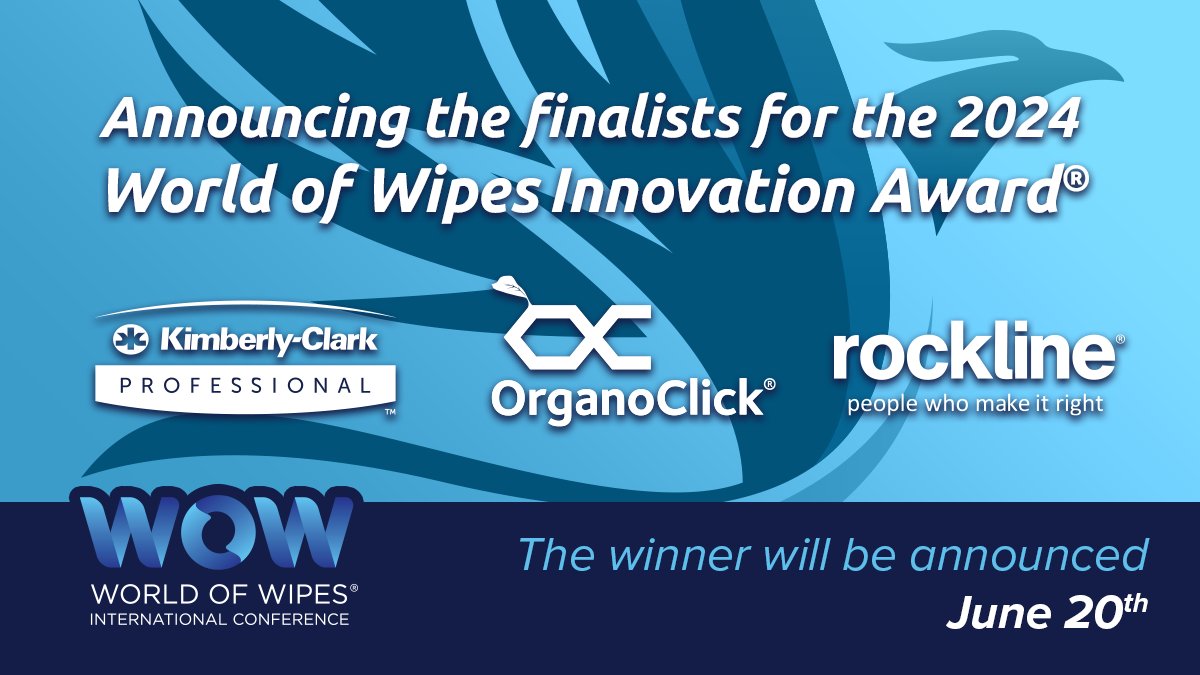 We have finalists for the 2024 World of Wipes Innovation Award®! They are <a href="/KCProfessional/">KC Professional</a>, OrganoClick &amp; <a href="/Rocklineind/">Rockline Industries</a>. The Award will be presented at WOW, June 17-20, at the Hyatt Regency Minneapolis, MN. See more: bit.ly/4bQZhcG#wipes24 #award