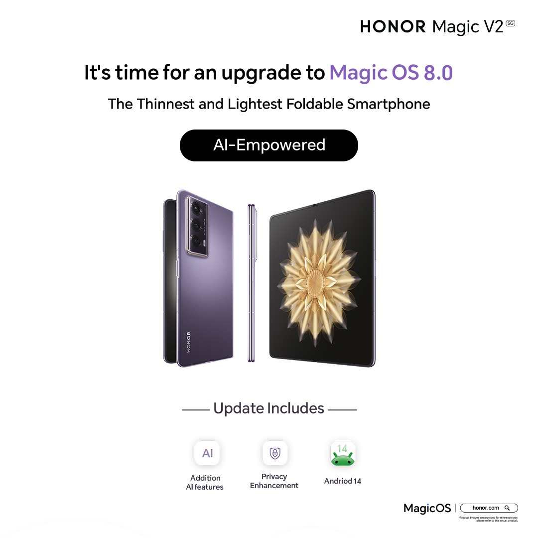 #HONORMagicV2 users, GET READY!

Magic OS 8.0 is now available on your foldable devices, packed with Android 14, advanced AI features, and enhanced privacy. ✨