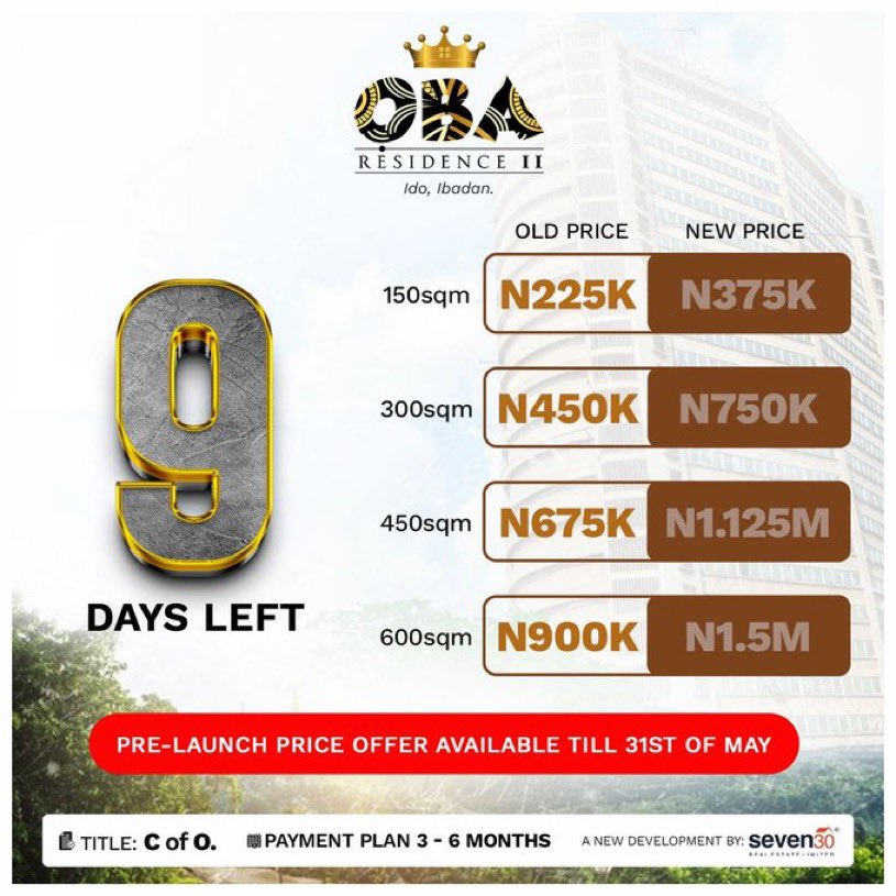 Hello Fam. If you've been looking to become a landlord, this is an opportunity to buy A CofO property in Ibadan from a trustworthy company at an affordable price. The price goes up when it launches in 9 days. Hurry now! Slide into my DM for more inquiries

Do help me retweet 🥹I