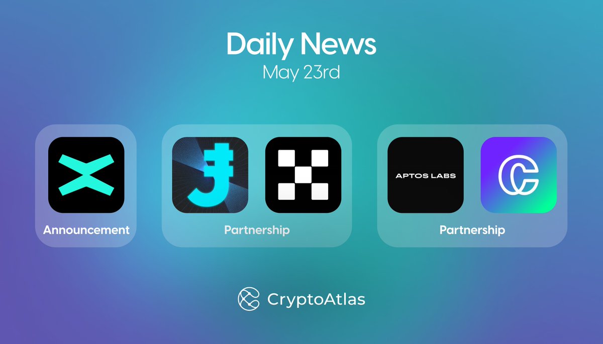 CryptoAtlas_io's tweet photo. TODAY’S NEWS: May 23⚡️

📣 @MultiversX unveils Sovereign Chains Alpha Demo on May 23.

🤝 @JamboTechnology announces a strategic partnership with @OKX.

🤝 @AptosLabs partners with @cripco_official to launch the #WARP3 platform.

#Web3 #DAO