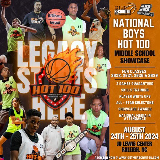 The GetMeRecruited National Hot 100 Boys Middle School Showcase is happening August 24-25th in Raleigh, NC and early bird registration is now open!!! Not only save money but secure your spot in this nationally recognized event that has seen players from all over the country and