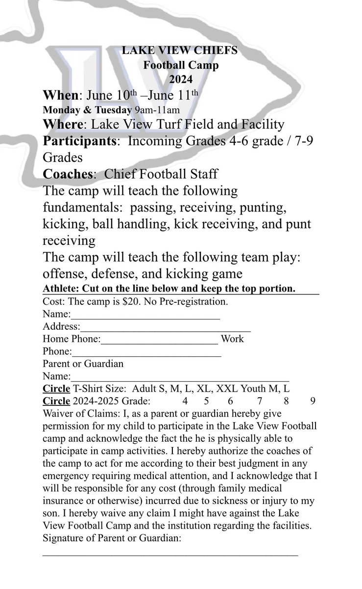 2024 Lake View Chiefs Football Camp
Incoming 4th-6th grade/7th-9th grade
June 10th-11th
Time: 9:00am-11:00am
Lake View Turf Field and Facility
Cost: $20