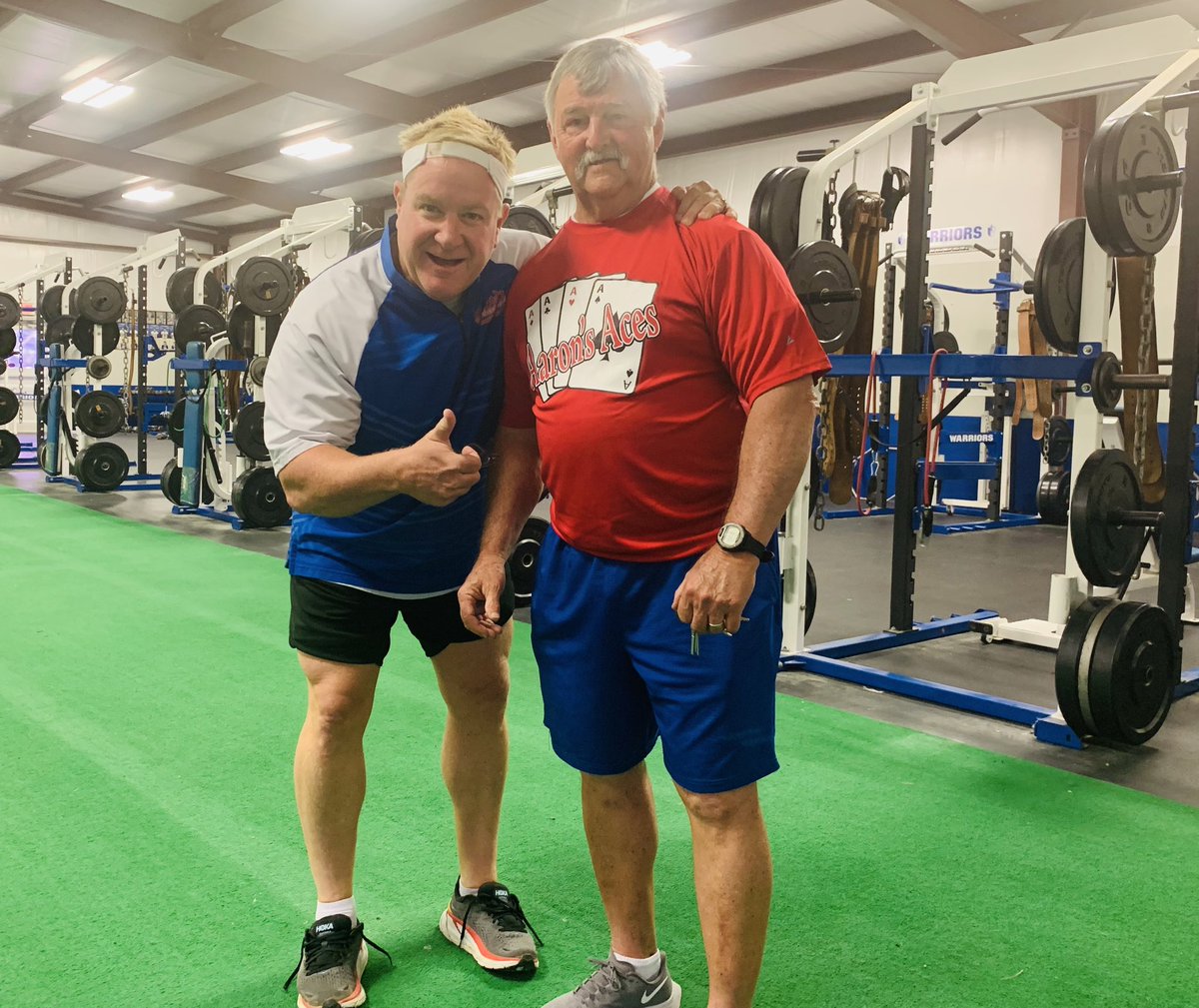 AaronsAces's tweet photo. 51 years of barbells and knowledge.  What a career as my strength coach Billy Bell hangs up the whistle today. The stories he has shared over the years. A special feature on my good friend tonight @KNOE8 “You want a piece of candy?”  @SFWarrior_Radio @k104scoreboard https://t.co/0Uvq0hsSFa