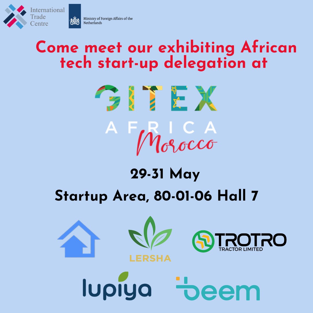 Milou van Bruggen (@bruggenmilou) on Twitter photo โญ๏ธGoing to #GitexAfrica? Let's connect๐
I'm thrilled my colleague <a href="/diabs33/">Diabel NDAW</a> and I will be leading a delegation of #NTF5 tech start-ups and IT/BPO companies to exhibit in #Morocco, May 29-31!
Find us on the app & visit the startup area in Hall 7 and 2A-9 in Hall 2
#ThisWeekAtITC โญ๏ธGoing to #GitexAfrica? Let's connect๐
I'm thrilled my colleague <a href="/diabs33/">Diabel NDAW</a> and I will be leading a delegation of #NTF5 tech start-ups and IT/BPO companies to exhibit in #Morocco, May 29-31!
Find us on the app & visit the startup area in Hall 7 and 2A-9 in Hall 2
#ThisWeekAtITC