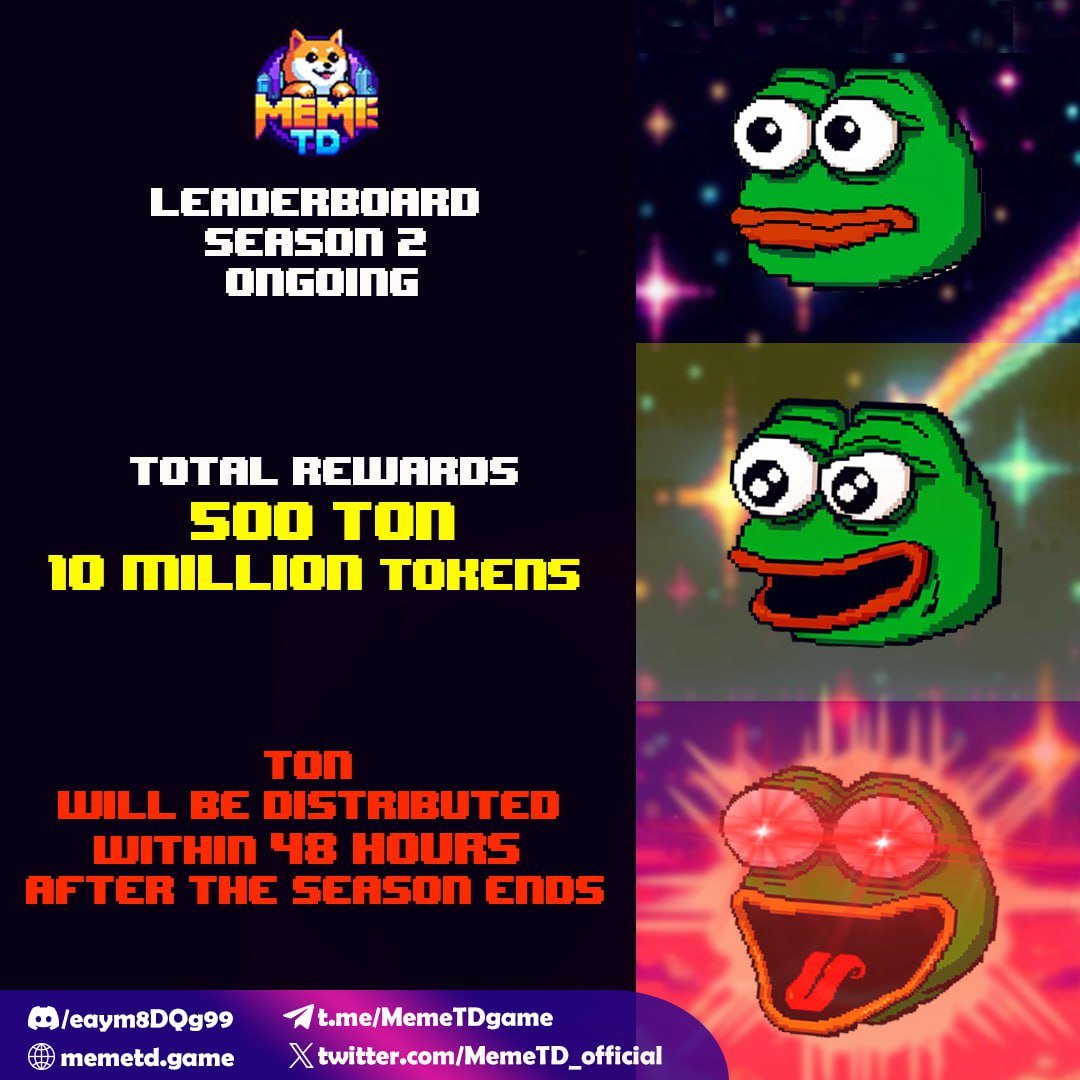 🌟 CHANCE TO GET TON REWARDS WITHIN 48H AT SEASON 2 🌟

🎟 Verification code: memetd-starter
🎮 Play Game: t.me/memetd_bot/game

🏆 Leaderboard Season 2 has kicked off with 🔥 500 TON 🔥&amp; 10,000,000 Tokens total rewards! This is your chance to rank up and earn these exciting