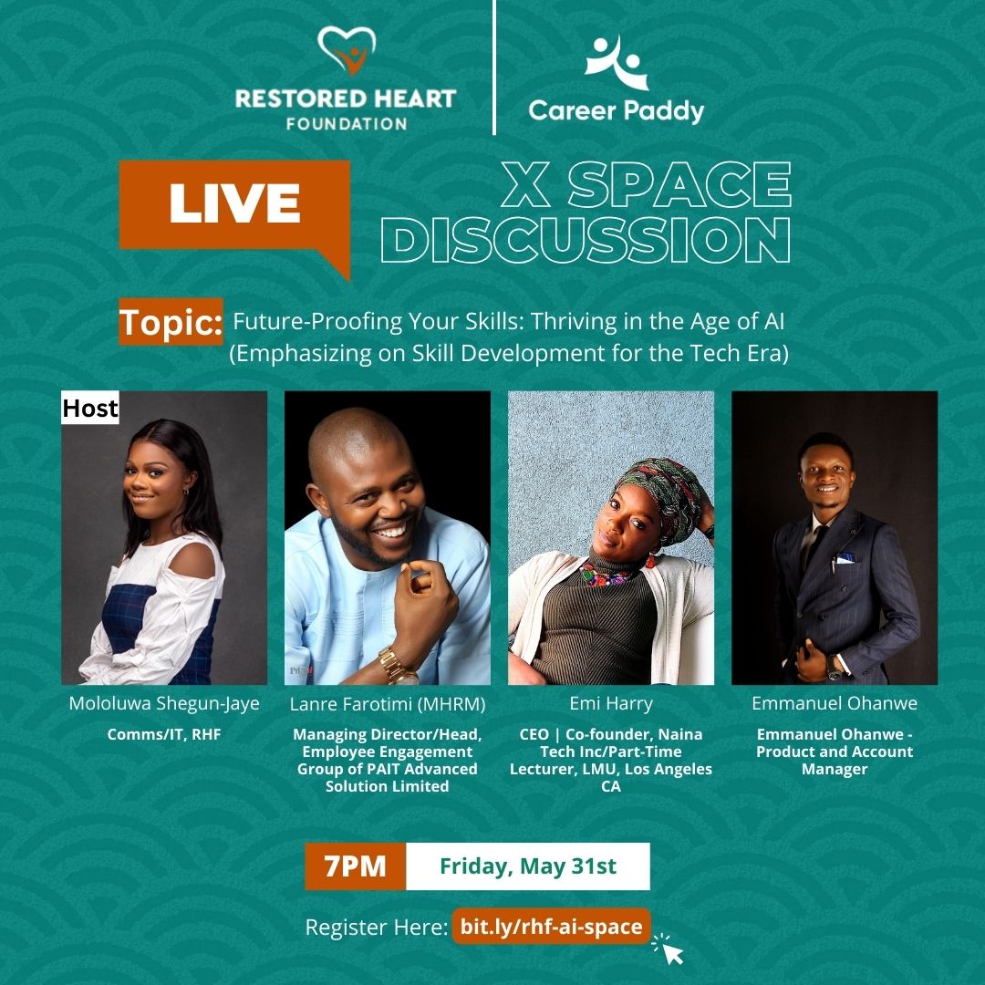 Join us for our X space on 31st May for an informative session on AI and skill building for the Youth. Register to attend bit.ly/rhf-ai-space 

#xspace #ai #aiskill #sdg4 #education #sdg8