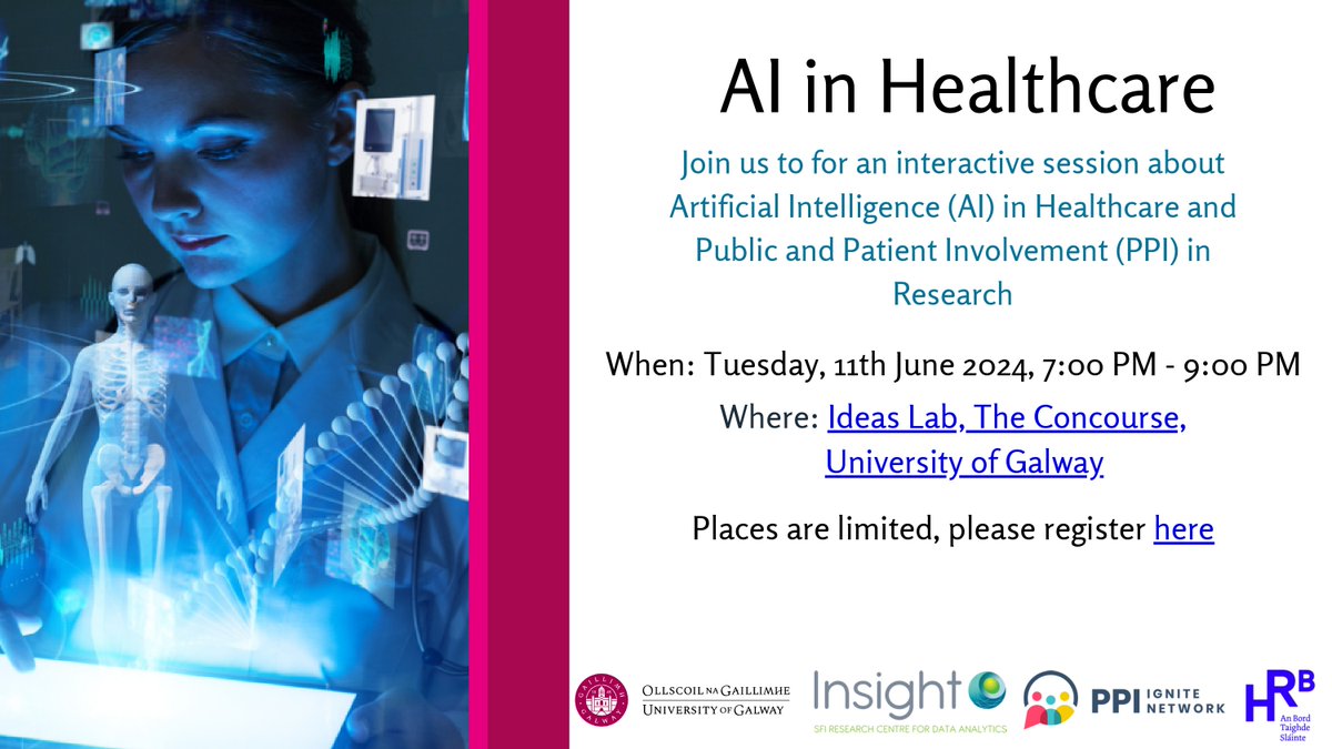 Join us and @insight_centre on Tuesday 11th June from 7-9PM for our Interactive Session on Artificial Intelligence in Healthcare and PPI in Research. Featuring an interactive dialogue with researchers to delve deeper into the subject. To Register: tinyurl.com/mr3zcpr9