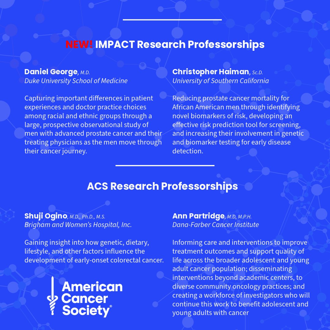 Congratulations to the following recipients for their Research Professorships! This includes our new IMPACT Research Professorship, a commitment to improving outcomes for all and eliminating disparities for Black men. Learn more about our grant process: amercancer.co/SpringGrantee