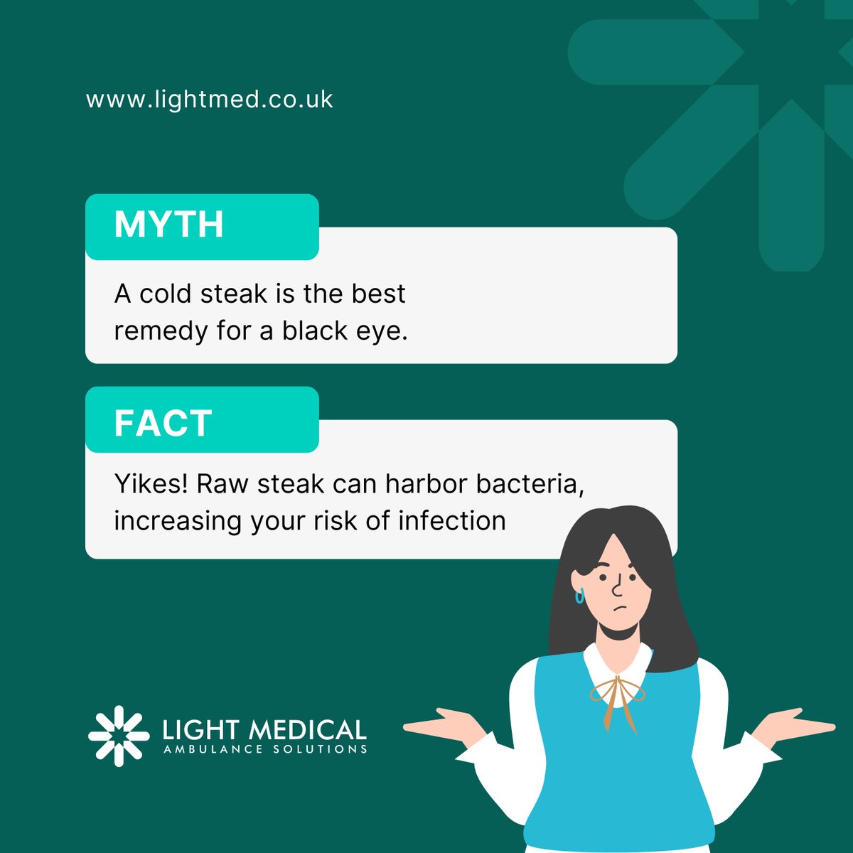 lightmed_'s tweet photo. Myth busted! Slapping a raw steak on a black eye can lead to infection. ❌ Use a cold compress (ice pack or frozen veggies) for 10 mins on, 10 mins off to reduce swelling. See a doctor if your eye is injured or vision is affected. #HealthTips #MythBusted
. https://t.co/nuukVK64JP