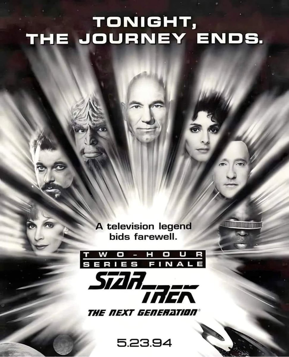 THIRTY YEARS AGO TODAY: The 2 hour Series Finale of #StarTrekTNG, 'All Good Things...'  first aired in the US on this date in 1994! 

It was only a temporary goodbye to this crew as Star Trek: Generations would premiere in theaters later that year.