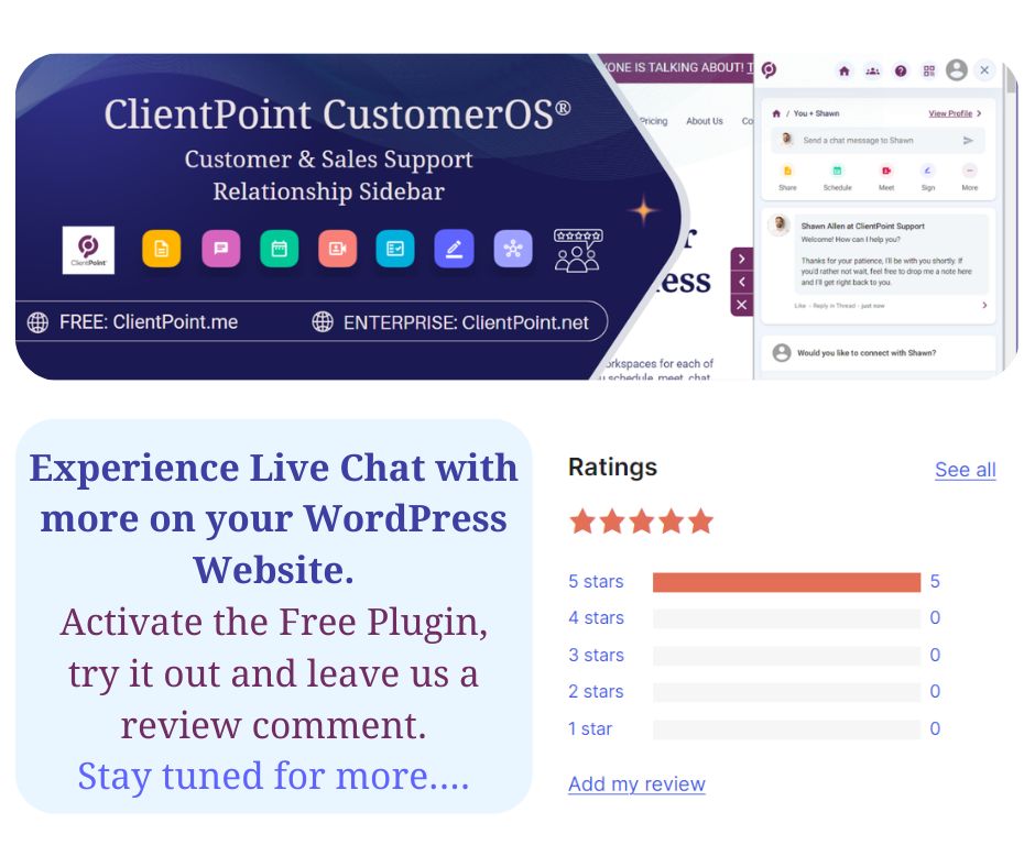 ClientPoint's tweet photo. Exciting News! It's here and #FREE to use on your #WordPress site! 🎉#ClientPoint #CustomerOS® WP #Plugin! Revolutionize your customer support &amp; live chat with customers, prospects, and colleagues directly from your website. Install the plugin today: https://t.co/k8AtpaFxPJ https://t.co/T0ZQ5YM109