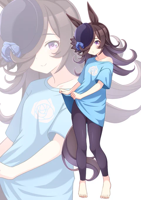 #ウマ娘#ライスシャワー白いバラのワンポイントが入った水色のデカTシャツにレギンスを履いて裸足なライスシャワーを描きました!! 