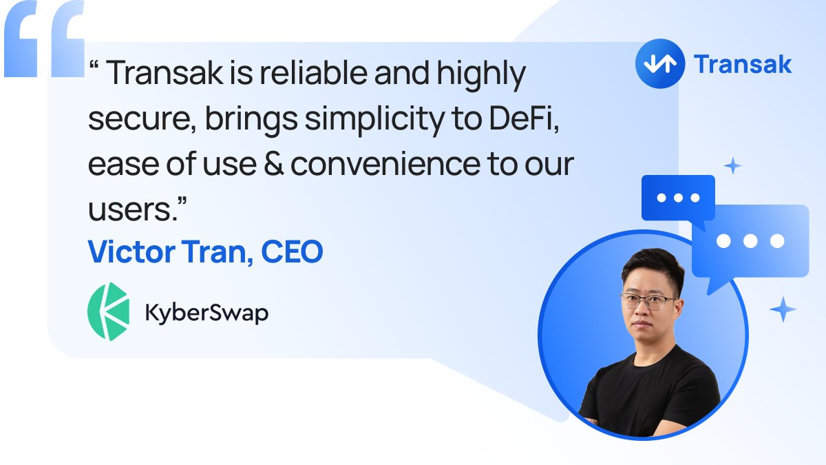 Transak's tweet photo. 🚀 Our partners are the cornerstone of our success, fueling our journey every step of the way.
Here's a sneak peek of what @tranvictor , CEO @KyberNetwork , has to say about us 🌟
#PartnerTestimonials https://t.co/6t0fl0lEjm