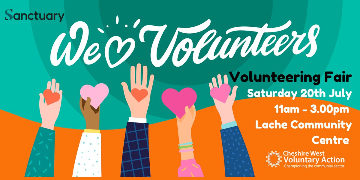 🎉Exciting news! #WeAreCWVA, funded by Sanctuary, are hosting a Volunteering and Community Fair in Lache on Sat 20th July 11am-3pm at The Venue (Lache Community Centre).

🌟Network and showcase your volunteer opportunities!

Register here: shorturl.at/VB9dF #NeverMoreNeeded