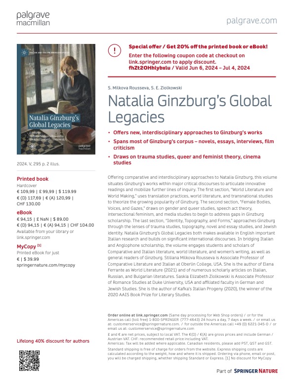 Grateful to my co-editor @SaskiaZio and the brilliant contributors to NATALIA GINZBURG'S GLOBAL LEGACIES for making this book happen. Pics below of book cover, table of contents, and discount flyer.