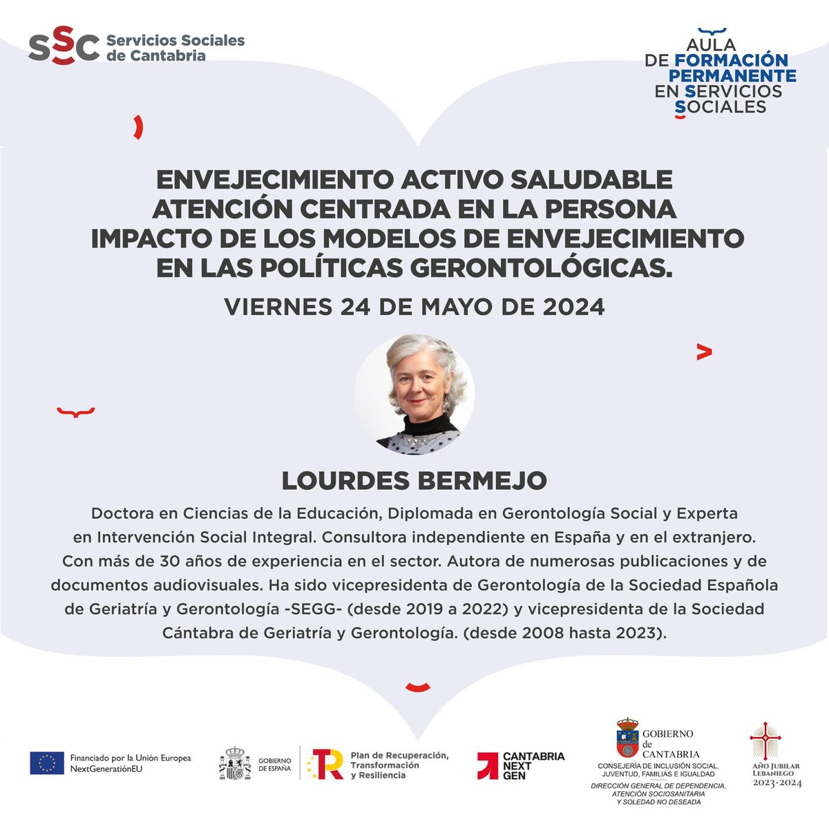 Este viernes 24 de mayo nueva sesión del <a href="/AulaServicios/">Aula de Formación Permanente Servicios Sociales</a> con <a href="/Bermejoimas/">Lourdes Bermejo i+</a> para analizar el envejecimiento activo saludable, la atención centrada en la persona y el impacto de los modelos de envejecimiento en las políticas gerontológicas
#serviciossociales #cantabria
