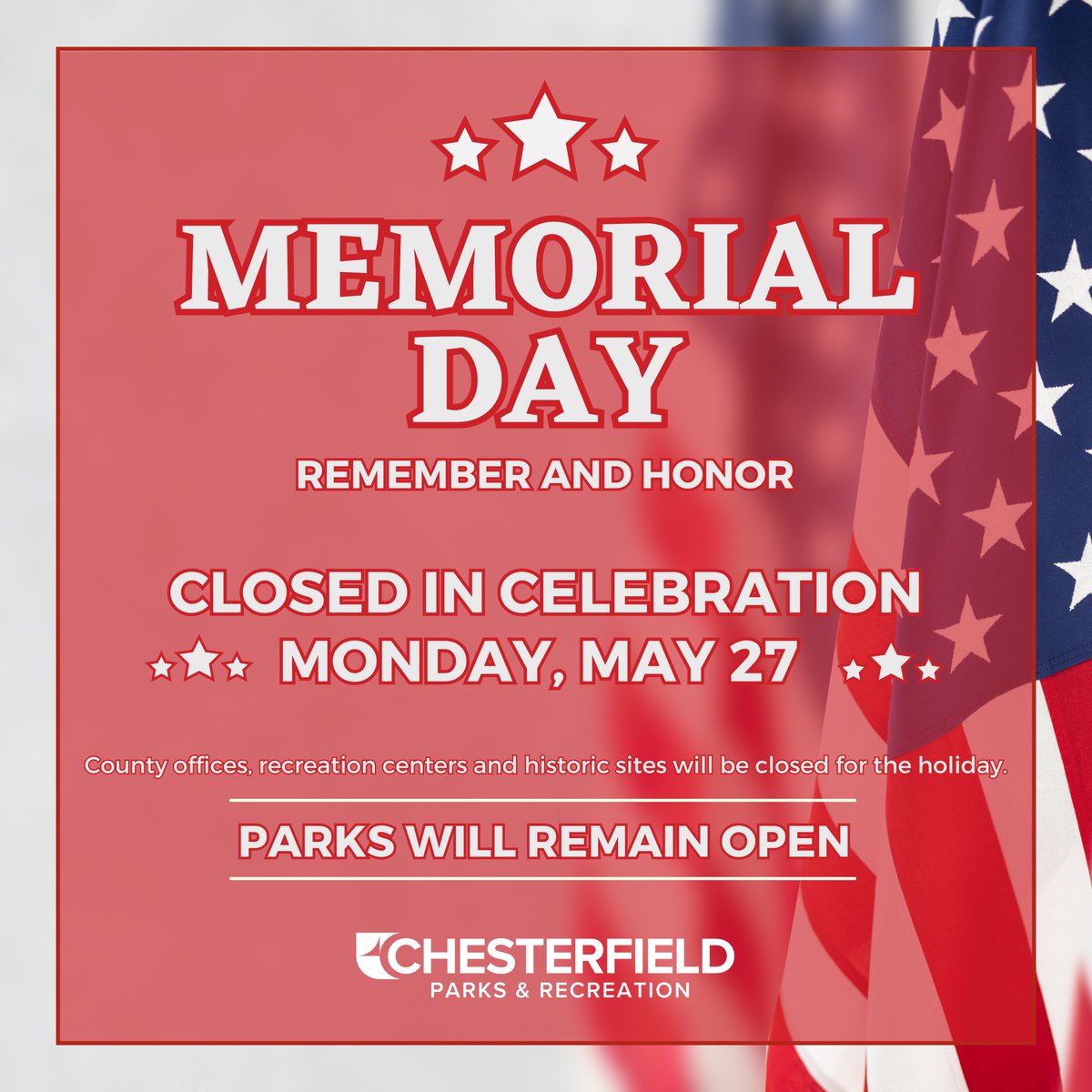 Holiday Reminder:
All county offices, Rockwood Nature Center, recreation centers, and historic sites will be closed Monday, May 27, in honor of Memorial Day. All parks will remain open.