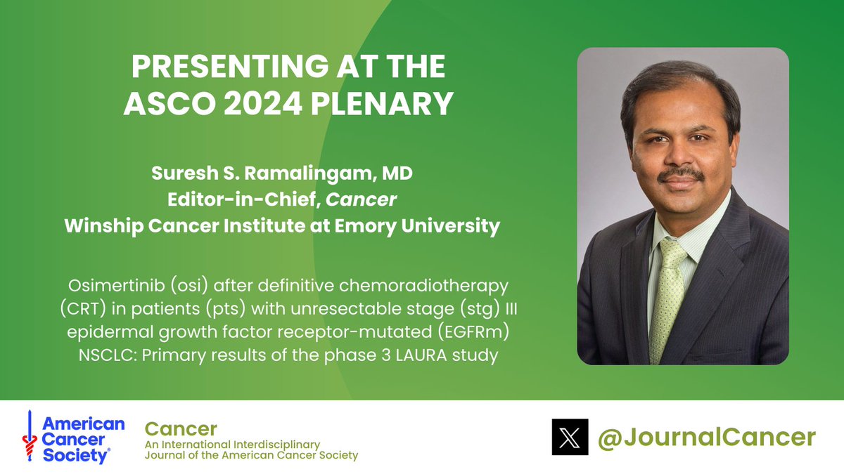 Our Editor-in-Chief @RamalingamMD is sharing the primary results of the phase 3 LAURA trial at this year's @ASCO Plenary Session! ICYMI: Dr. Ramalingam and @LealTiciana recently authored an editorial on the 20th anniversary of #EGFR: acsjournals.onlinelibrary.wiley.com/doi/10.1002/cn… @OncoAlert #ASCO24