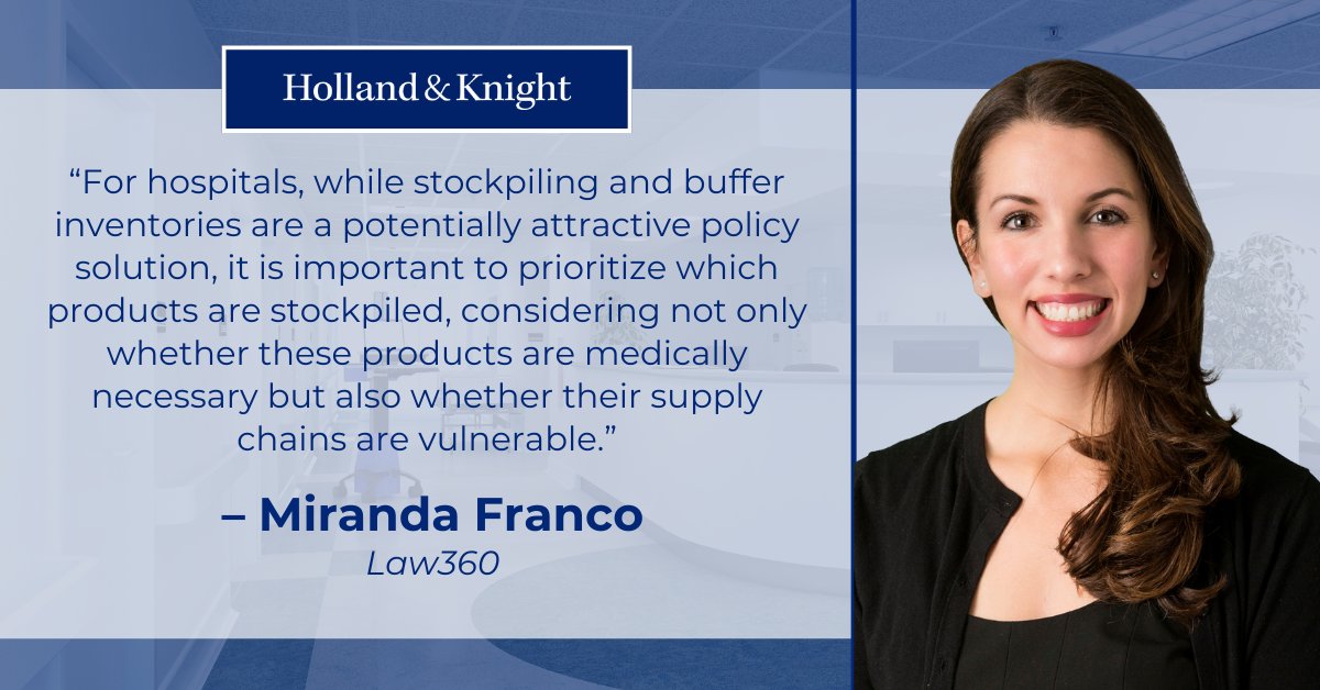 #Healthcare policy advisor <a href="/Miranda__Franco/">Miranda Franco</a> was quoted in a <a href="/Law360/">Law360</a> article discussing the critical challenges of drug shortages for #EMS and #hospitals in light of an <a href="/HHSGov/">HHS.gov</a> proposal offering incentives for maintaining buffer stocks. She emphasized strategic stockpiling of