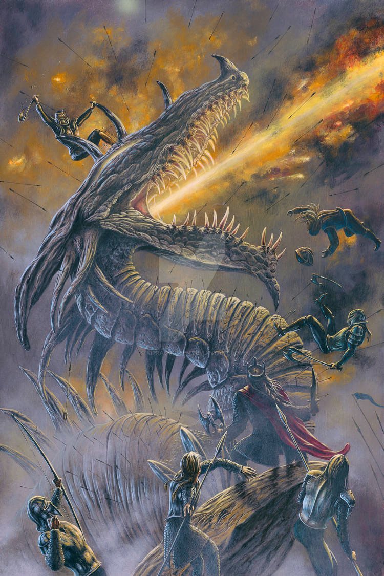 ‘Azaghal of Belegost vs Glaurung at the Nirnaeth’ by Kip Rasmussen