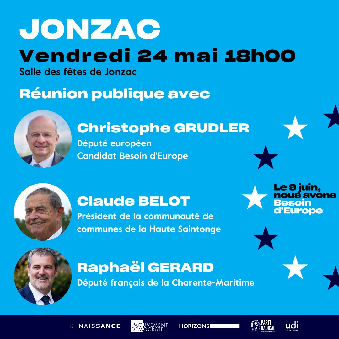 Jonzac, retrouvons-nous demain ! ⏰ Vendredi 24 mai, 18h00 📍Salle des fêtes de Jonzac J’aurai le plaisir d’être aux côtés de Claude Belot et @RaphaelGerard17 pour parler du @BesoindEurope en Charente-Maritime !