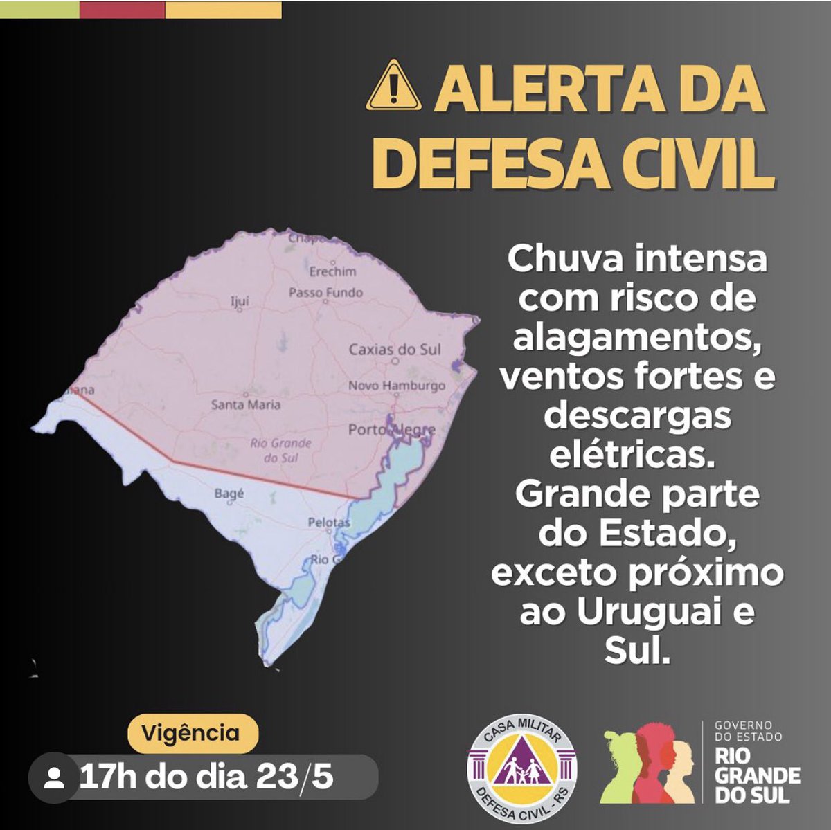 Chuva intensa, com risco de alagamentos ventos fortes e descargas elétricas. Válido até as 17h da quinta-feira. Emergência ligue 190/193. Durante as chuvas, fique em segurança. Retire eletroeletrônicos da tomada durante os temporais, e feche bem portas e janelas.