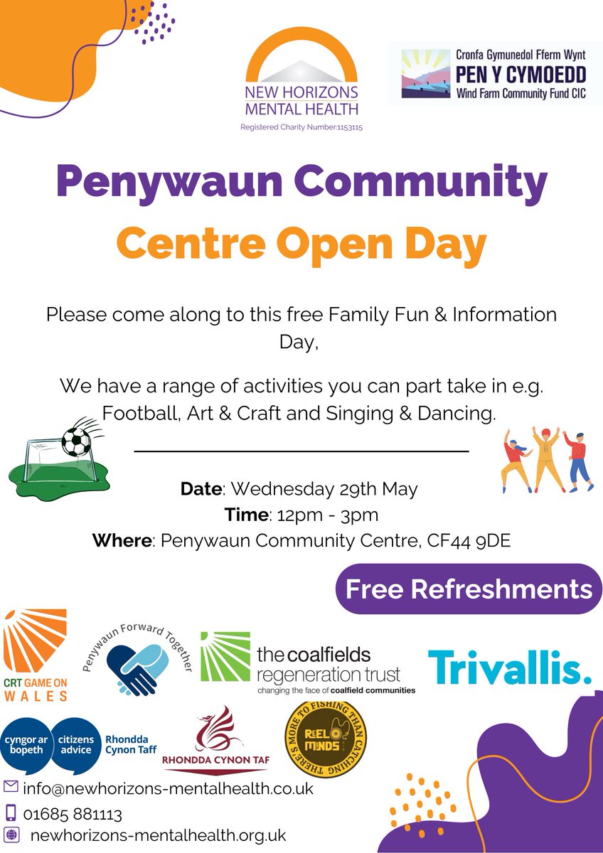 📣On Wednesday 29th of May , New Horizons and Penywaun Community Centre will be hosting a Family Fun and Information Day event at Penywaun Community Centre. Join us for a afternoon of fun activities ⚽️🎤🕺💃🤩 @ReelMindsCIC @RCTCouncil @WeAreTrivallis @CoalfieldsRegen
