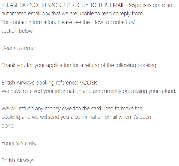 BrianReigate's tweet photo. Despite this confirmation email, I won't be refunded and I lose nearly 70,000 Avios points to boot. 2nd time I've used BA, both times disastrous. STAY CLEAR. #BritishAirways #Companionvoucher #Avios https://t.co/rBYBqTvNmQ