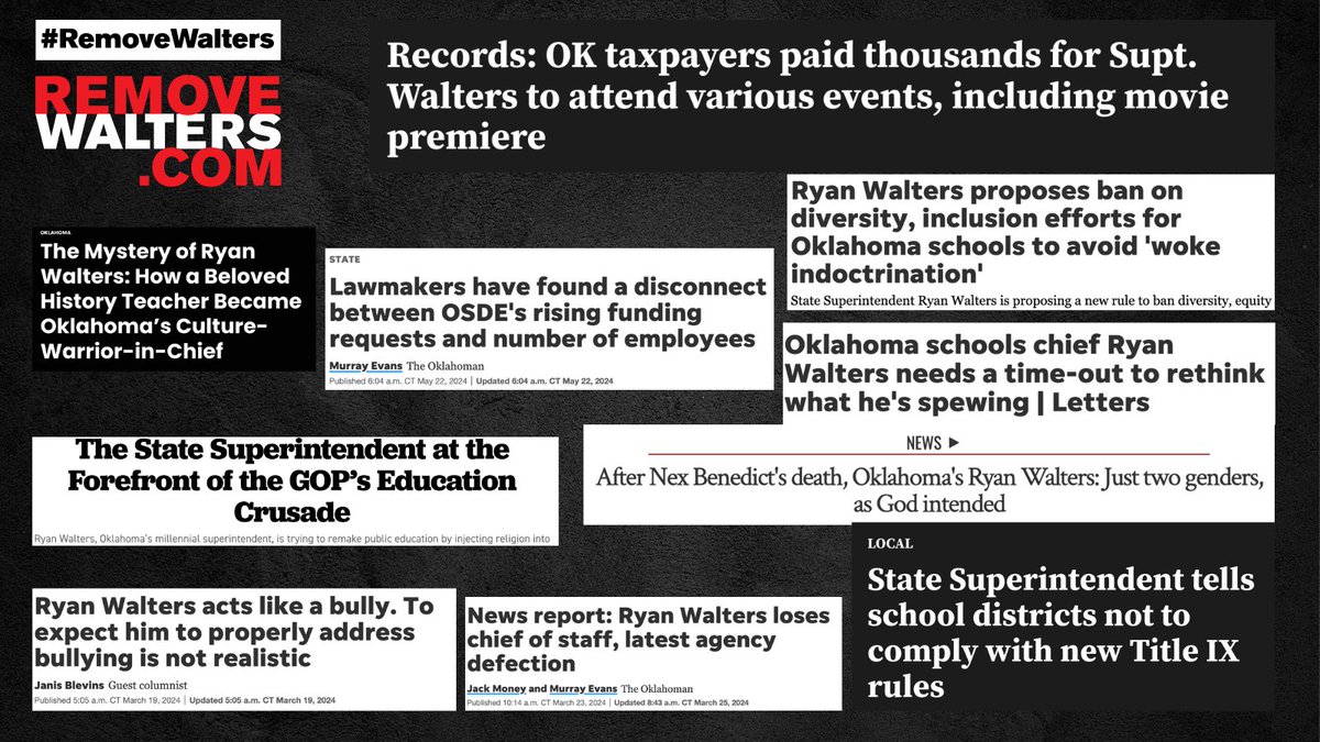 HRC's tweet photo. Happy 39th Birthday to Oklahoma State Superintendent Ryan Walters!
To celebrate, let’s look back at 39 of your ✨ finest ✨ news headlines as State Superintendent!
You are truly the best…at being the worst. Have a day! #RemoveWalters https://t.co/WURZRaE6Is