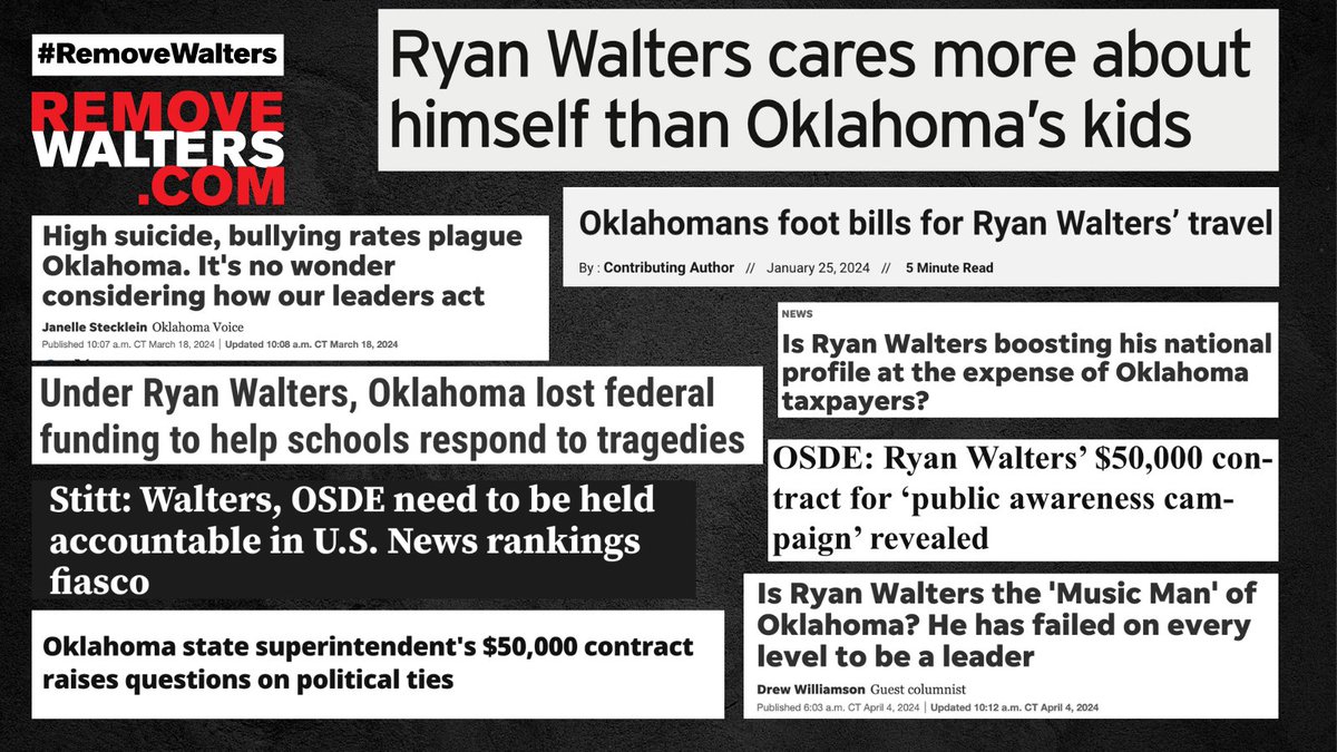 HRC's tweet photo. Happy 39th Birthday to Oklahoma State Superintendent Ryan Walters!
To celebrate, let’s look back at 39 of your ✨ finest ✨ news headlines as State Superintendent!
You are truly the best…at being the worst. Have a day! #RemoveWalters https://t.co/WURZRaE6Is