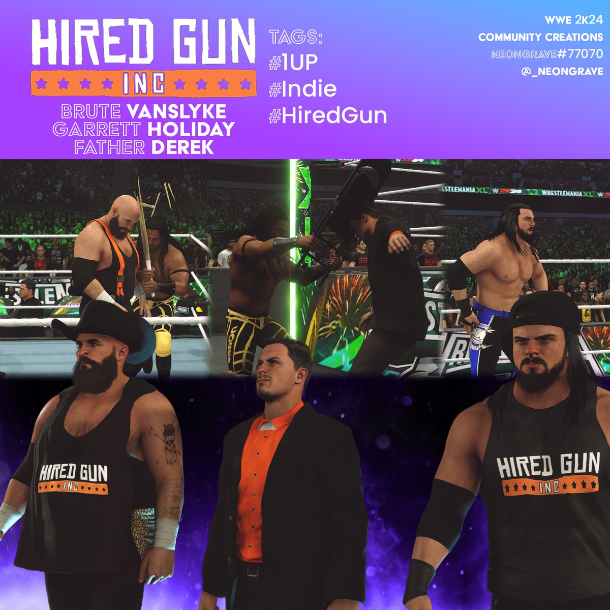 _NeonGrave's tweet photo. Watching them get their ass beat once wasn't enough! First set of Hired Gun Inc. members @Brute_VanSlyke @HolidayGarrett and Father Derek now on #wwe2k24 Community Creations! @1UpWrestling https://t.co/B91ENaojio