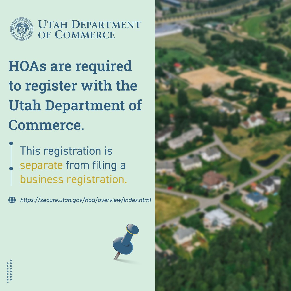 Did you know all HOAs are required to register with the Utah Department of Commerce? This is separate from filing a business registration with our Division of Corporations and Commercial Code. Here's what you need to know about registering an HOA: secure.utah.gov/hoa/overview/i…