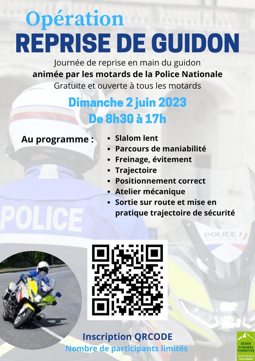 #SécuritéRoutière | 
Venez participer à notre opération 'Reprise de guidon' encadrée par les motards de la @PoliceNationale.
Dimanche 02 juin de 08h30 à 17h à @VilleDeBayonne 
Pour vous inscrire il faut scanner le QRCODE ou rendez vous sur le lien ci dessous :
➡️