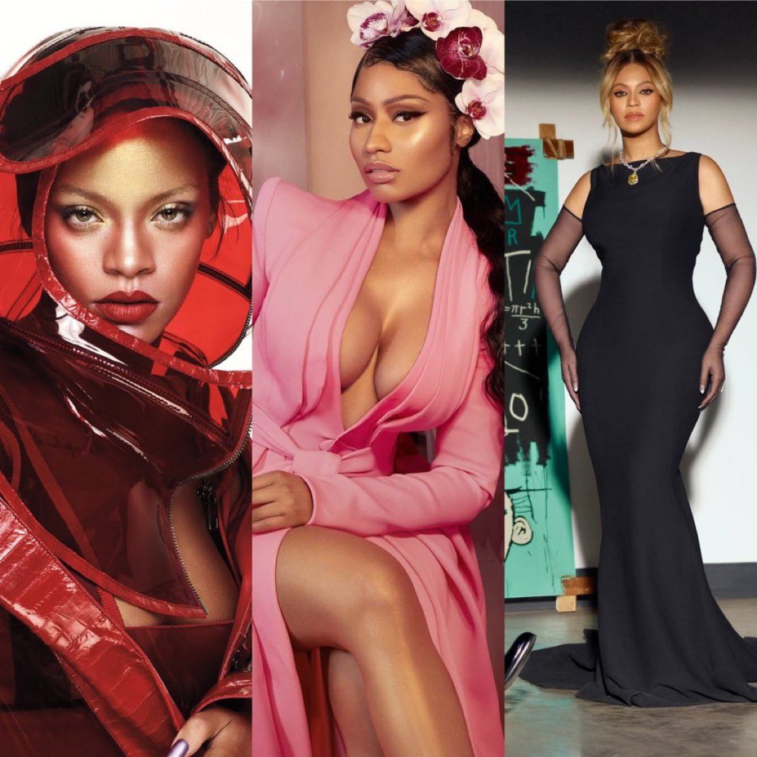 Highest Black RIAA certified female artists in the United States: (Total Credits) • Rihanna — 304 Million • Nicki Minaj — 198 Million • Beyonce — 186 Million 💋