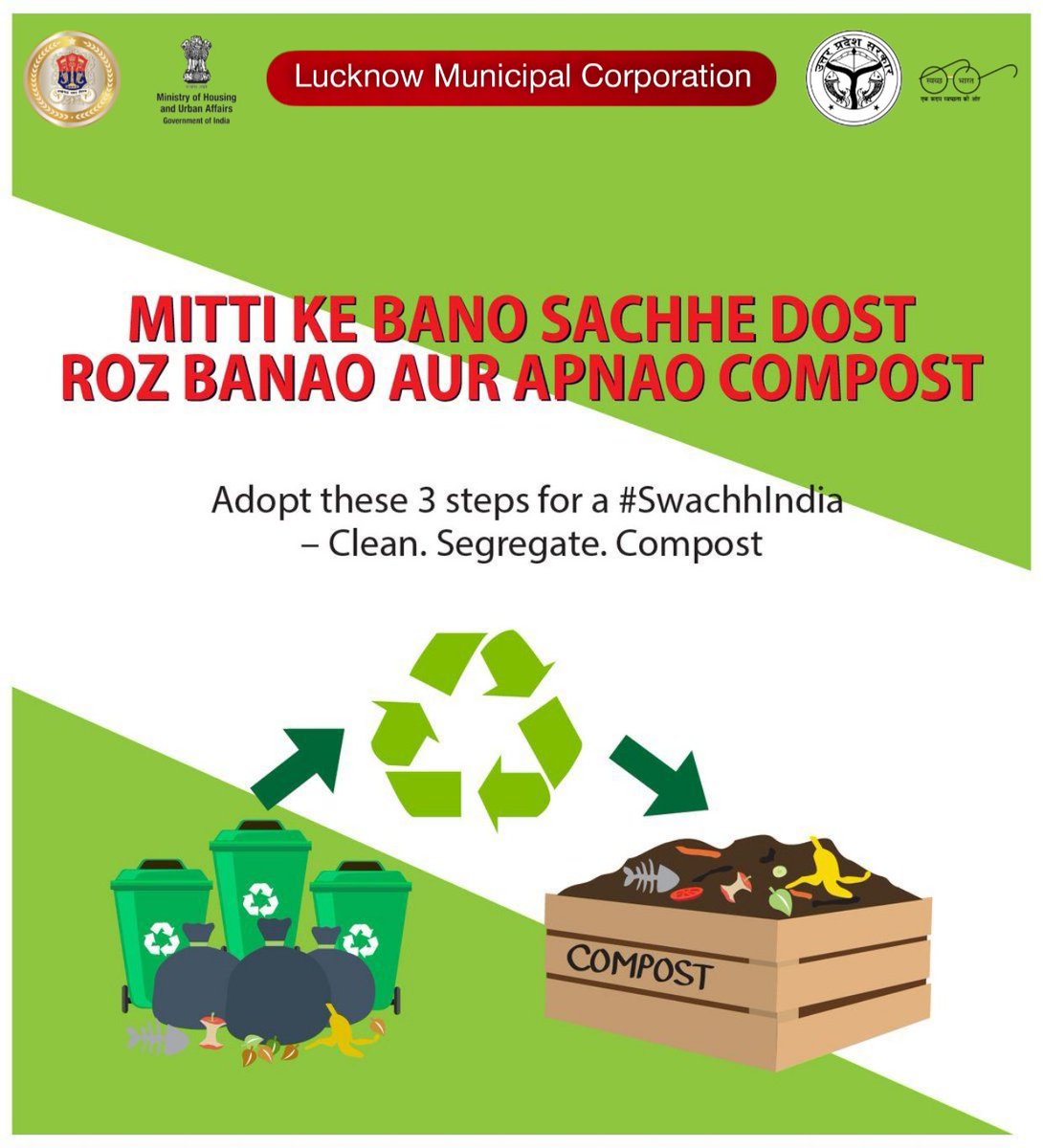 Elevate your environmental impact by following these three essential steps for a #SwachhIndia - Clean. Segregate. Compost 🌱

#homecomposting 
#SwachhSurvekshan 
#स्वच्छlucknow 
@SBM_UP
@NagarVikas_UP 
@SwachhBharatGov 
@CMOfficeUP
@aksharmaBharat 
@UPGovt