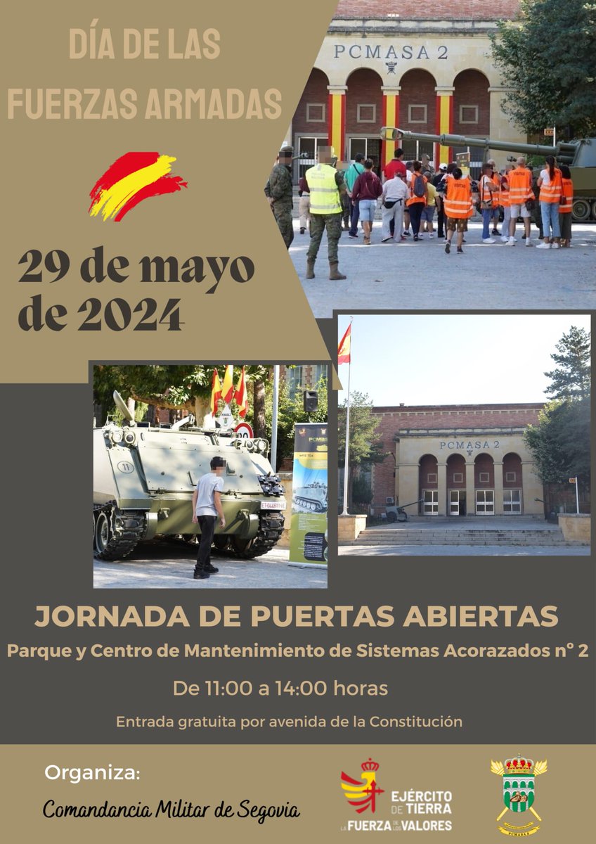 MADOC_ET's tweet photo. #DIFAS24 #Segovia: Jornada de puertas abiertas Parque y Centro de Mantenimiento de Sistemas Acorazados nº 2 el miércoles 29 de mayo de 11:00 a 14:00 horas.
Entrada por avenida de la Constitución.
¡Ven a conocernos!
#PCMASA2
#EjércitodeTierra https://t.co/nGu6o3qtkl