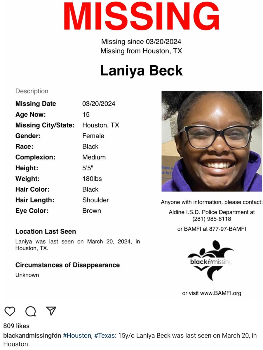 #LaniyaBeck is #Missing since 3/20/24 from #Houston #Texas. She is 15, is described as having medium complexion, 5'5, 180lbs, with Black Shoulder Length Hair and Brown Eyes. If any info, please contact: Aldine ISD PD: 281-985-6118 Or 1-800-97-BAMFI #MISSINGJUVENILE #HELPFIND