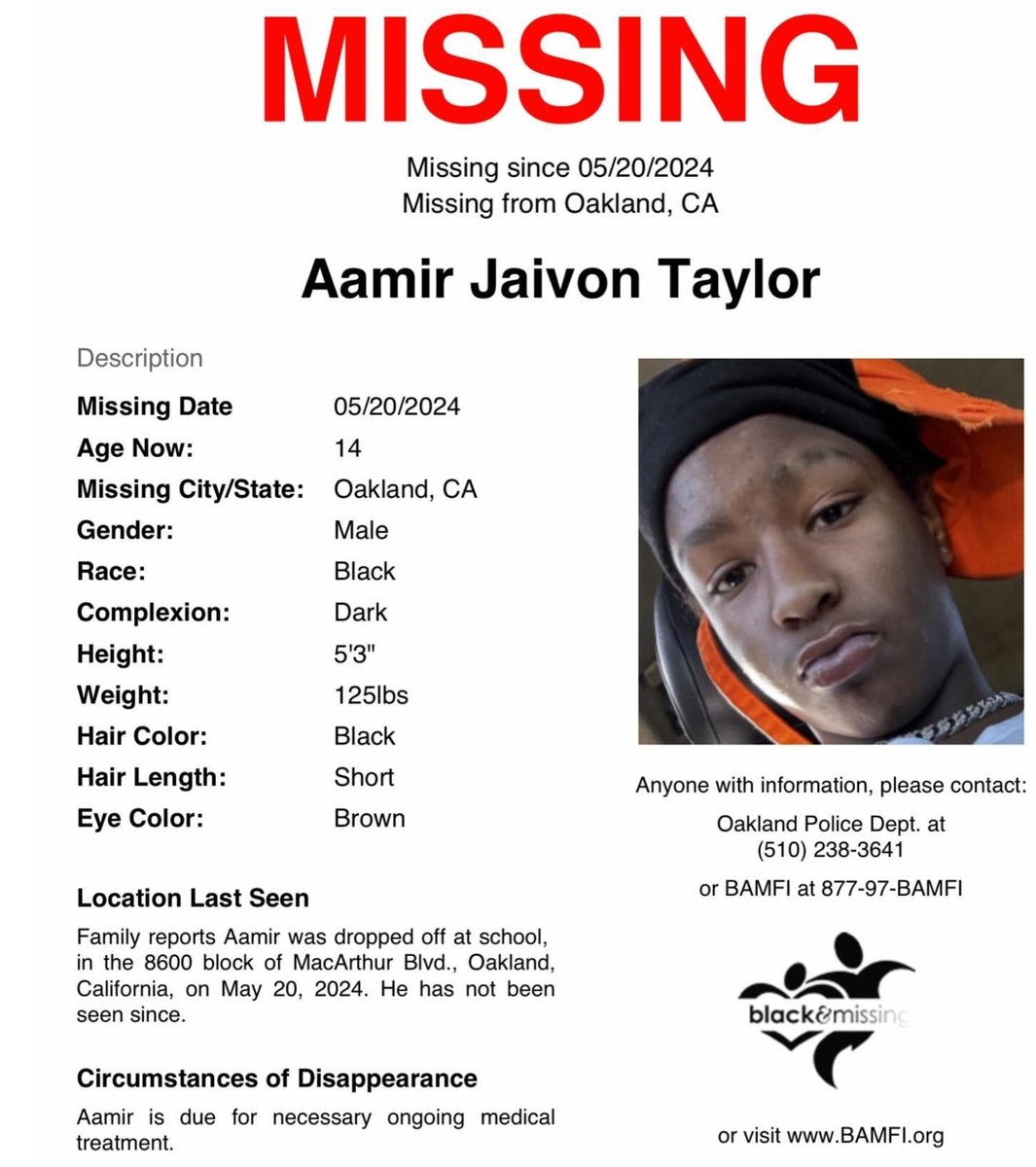 #AamirJaivonTaylor is #Missing since 5/20/24 from #Oakland #California. He is 14, has dark complexion, is 5'3, 125lbs, has Short Black Hair and Brown Eyes. If any info, please contact: Oakland PD 510-238-3641 Or 1-800-97-BAMFI #MissingJuvenile #MissingChild #HELPFIND