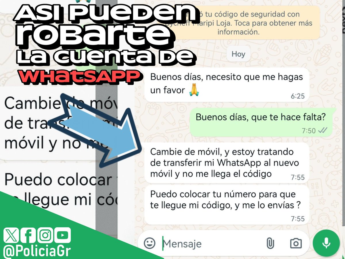 PoliciaGr's tweet photo. 📢AVISO‼️
Si por #WhatsApp alguien de tus contactos te pide que le envíes un código que vas a recibir, ten en cuenta que:
1️⃣ A tu contacto le han robado la cuenta. 
2️⃣ Desde su cuenta están intentado robar la de todos sus contactos.
3️⃣ Están intentado robar tu cuenta.
#NoPiques🎣 https://t.co/mncPgevalI
