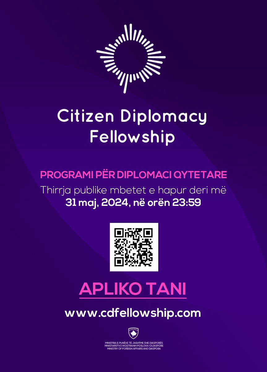 Only a few days left to join the third cohort of the Citizen Diplomacy Fellowship (<a href="/CDFellow/">Citizen Diplomacy Fellowship</a>)! This 10-month program brings diaspora professionals to Kosova to work in institutions and exchange ideas, skills, and knowledge. Apply by May 31!