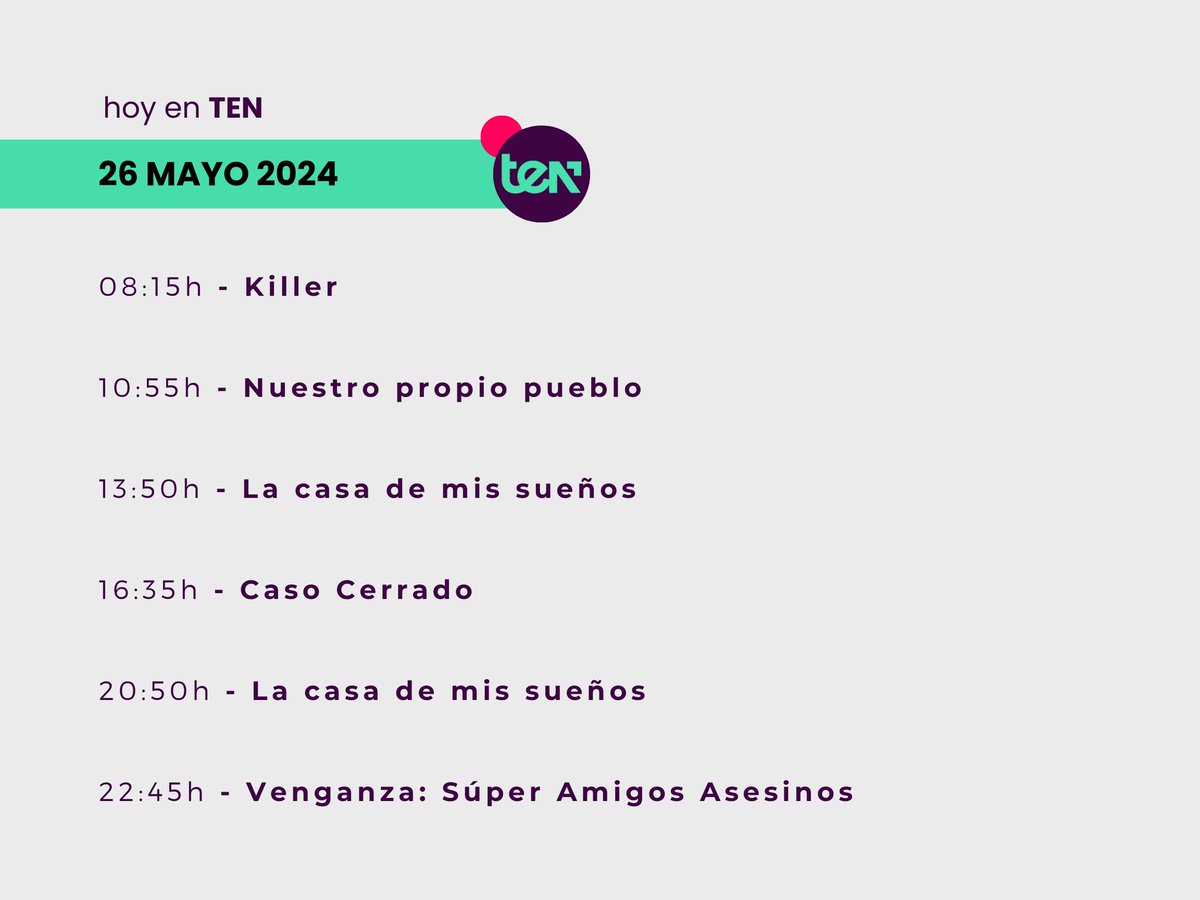 Sigo de resaca emocional... aquí está la programación de hoy 😍🫶

#CasoCerradoTENtv #LaCasaDeMisSueñosTENtv #ProgramaciónTENtv #CrímenesTENtv #NiQueFuéramosTEN #FelizDomingo