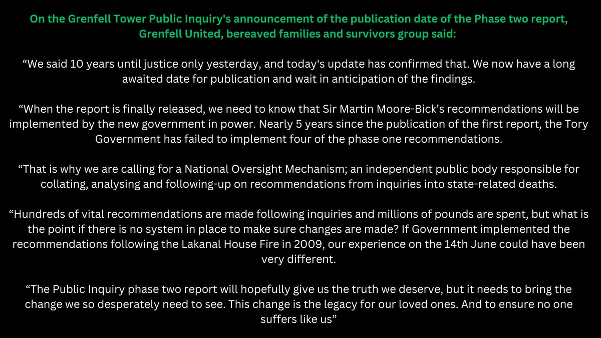 As much as the General Election overshadowed yesterdays Grenfell news, and may well do today, please take a moment to note another important, yet much delayed milestone in our fight for Justice that has just been published grenfelltowerinquiry.org.uk/news/publicati…