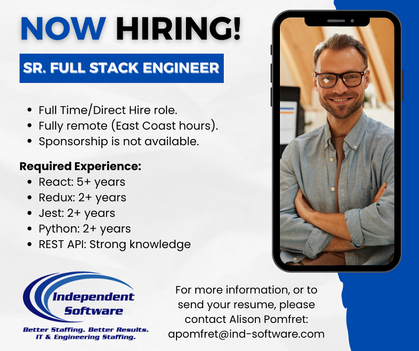 ISESInc's tweet photo. Contact Alison Pomfret: apomfret@ind-software.com (email only) for more information on this direct hire/fully remote role: https://t.co/oTJWpQBONq
#fullstack #engineer #react #redux #jest #python #ITjobs #remotejobs #womenbusiness https://t.co/t7L4G2C97t