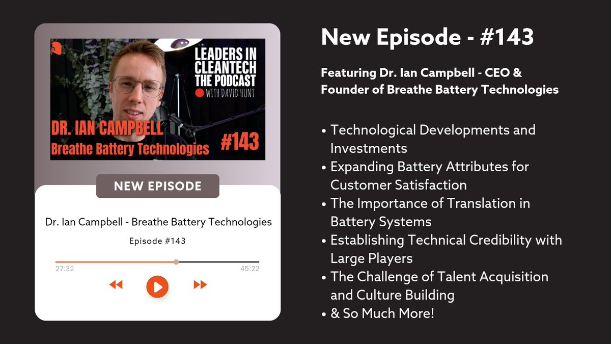 Leaders in Cleantech #Podcast (@cleantechleader) on Twitter photo New episode out now! 🎙️
Featuring Dr. Ian Campbell, CEO & Founder of <a href="/BreatheBT/">Breathe Battery Technologies</a>,
and our Host @DavidHsearch.
Available on all your favourite #podcast platforms!
#LeadersInCleantech #Cleantech #CleanEnergy New episode out now! 🎙️
Featuring Dr. Ian Campbell, CEO & Founder of <a href="/BreatheBT/">Breathe Battery Technologies</a>,
and our Host @DavidHsearch.
Available on all your favourite #podcast platforms!
#LeadersInCleantech #Cleantech #CleanEnergy